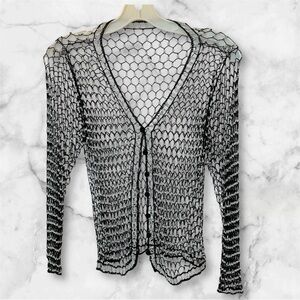 Beaded crochet cardigan, open weave, long sleeve, button front, black, Sz M